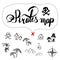 pirates map icon set old ink hand drawn cartoon style , black isolated on white  illustration . text lettering , rose of win