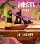 Pirates party invitation poster. Sailing pirate ship with black flags in the sea. Cartoon vector illustration.