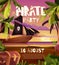 Pirates party invitation poster. Sailing pirate ship with black flags in the sea. Cartoon vector illustration.