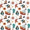 Pirates pattern. Cartoon seamless print of sailors and bandits in pirate costumes with weapon treasure chest and