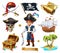 Pirates set. Boy, treasure chest, map, flag, ship and island. 3d vector icon