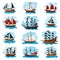 Piratic ship vector pirating boat vessel sailboat and powerful piratical speedboat illustration marine set of pirate