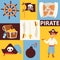 Piratic vector pirating chest and flag skull backdrop pirate character buccaneer man illustration background set of