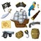 Piratic vector pirating sailboat parrot character of pirot or buccaneer illustration set of piracy signs hat chest sword
