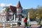 Piriapolis, Uruguay, six june two thousand and sixteen. Traveller bike standing in front of the beautiful architecture hotel