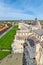 Pisa Tuscany Italy. Aerial view of Piazza dei Miracoli. Baptistry, Cathedral and the shadow of the Leaning