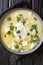Pisca andina is a traditional Venezuelan breakfast of chicken broth with potatoes, eggs, cheese close-up in a bowl. vertical top