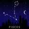 Pisces zodiac constellations sign on beautiful starry sky with galaxy and space behind. Fish sign horoscope symbol constellation o