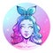 Pisces zodiac sign artwork, beautiful girl face, horoscope symbol, star sign, vector illustration