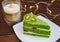 Pistachio cake with kiwi, cream and raspberry filling and Cappuccino coffee