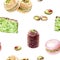 Pistachio cakes seamless pattern watercolor illustration isolated on white.