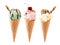 Pistachio, cherry and vanilla ice cream in waffle cones isolated on white