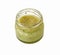 Pistachio honey-souffle in small jar on white background