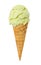 Pistachio ice cream in waffle cone isolated on white