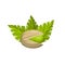 Pistachios. Green nuts in their shells. Walnut with leaves. Snack and food. Cartoon flat illustration