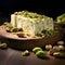 Pistachios and halva, milk pudding on a cutting kitchen wooden board