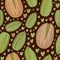Pistachios seamless pattern with cute hearts. Tasty vector nuts print for wrapping paper, kitchen textile and packaging design