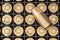 Pistol bullets in wooden ammunition box, 3D rendering