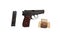 Pistol Makarov bullets clip handle set white background isolated brown black star old soviet
