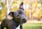 A Pit Bull Terrier mixed breed dog listening with a head tilt