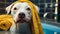 A pit bull wrapped in a yellow towel post bath