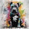 a pit dog with paint splatches sitting on a graffiti covered background