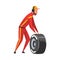 Pit Stop Crew Member in Uniform with Tire Wheel, Maintenance of Racing Car, Professional Mechanic Cartoon Character