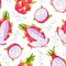 Pitaya pattern. Seamless texture with whole half and pieces of exotic Asian dragon fruits. Sweet tropical product and