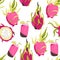 Pitayas hand drawn seamless pattern.Tropical exotic dragon fruit. A source of linoleic acid.Summer Fresh smoothie cocktail.