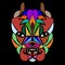 Pitbull. Patterned colored head dog. African, Indian, totem, tattoo. For design of a T-shirt, a bag, a poster, clothes and a logo.