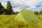 Pitched tent in meadow on sunny day