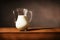 A Pitcher Of Milk Sitting On Top Of A Wooden Table. Generative AI