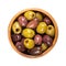 Pitted Kalamata and green olives, mixed olives with herbs, in a wooden bowl