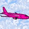 Pixel 8 bit drawn pink passenger jet plane with cloudy sky