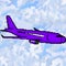 Pixel 8 bit drawn purple passenger jet plane with cloudy sky