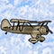 Pixel 8 bit drawn sand antique plane with multicolored cloudy sky