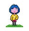 Pixel anime character with blue hair, yellow sweater, retro game art