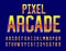 Pixel Arcade alphabet font. Digital 3d effect letters and numbers.