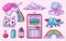 Pixel art 8 bit objects. Character Pony Cloud Rainbow Unicorn. Retro digital game assets. Pink fashion icons. Vintage