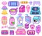 Pixel art 8 bit objects. Retro digital game assets. Set of Pink fashion icons. Vintage girly stickers. Arcade Computer