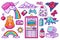 Pixel art 8 bit objects. Retro digital game assets. Set of Pink fashion icons. Vintage girly stickers. Arcades Computer