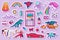 Pixel art 8 bit objects. Retro digital game assets. Set of Pink fashion icons. Vintage girly stickers. Arcades Computer