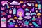Pixel art 8 bit objects. Retro digital game assets. Set of Pink fashion icons. Vintage stickers for girl. Arcades