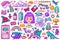 Pixel art 8 bit objects. Retro digital game assets. Set of Pink fashion icons. Vintage stickers for girl. Arcades