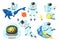 Pixel art astronaut. Spaceman 8 bit objects. Space art, digital icons. cosmonaut on a whale, moon and wave. Retro assets