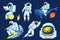 Pixel art astronaut. Spaceman 8 bit objects. Space art, digital icons. cosmonaut on a whale, moon and wave. Retro assets