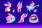 Pixel art astronaut. Spaceman 8 bit objects. Space art, digital icons. cosmonaut on a whale, moon and wave. Retro assets