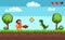 Pixel art background with primitive man and dinosaur. Pixelated scene with caveman, green dragon