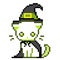 Pixel art cartoon cute magical black cat character.