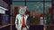 Pixel art of cat dressed as a businessman, standing in an office at night